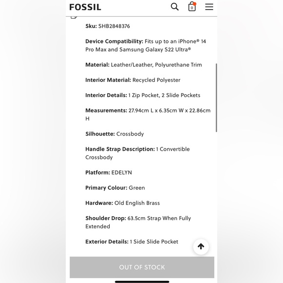 Fossil Edelyn Crossbody Olive Mixed Material Leather and Velvet - Picture 5 of 5